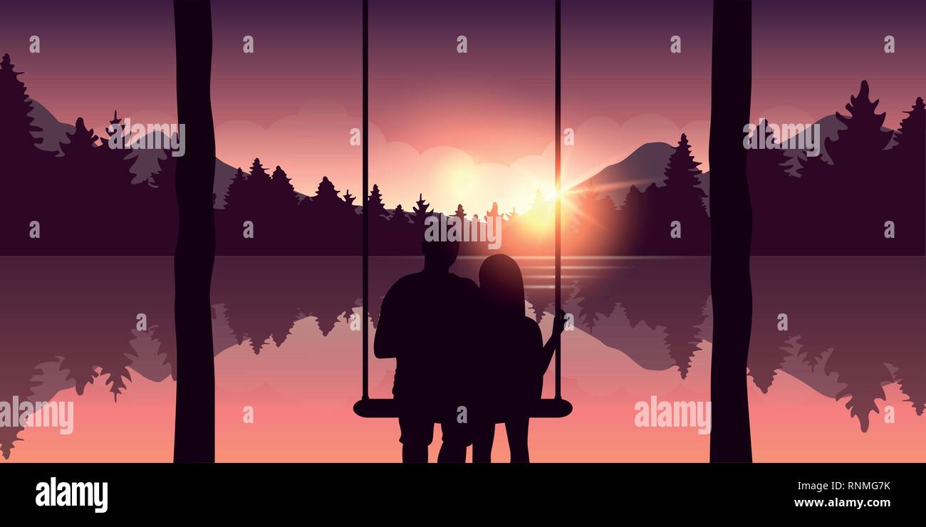 Paar auf einer Schaukel genießt schöne lila rot Wald und See Natur Landschaft bei Sonnenaufgang Vektor-illustration EPS 10. Stock Vektor