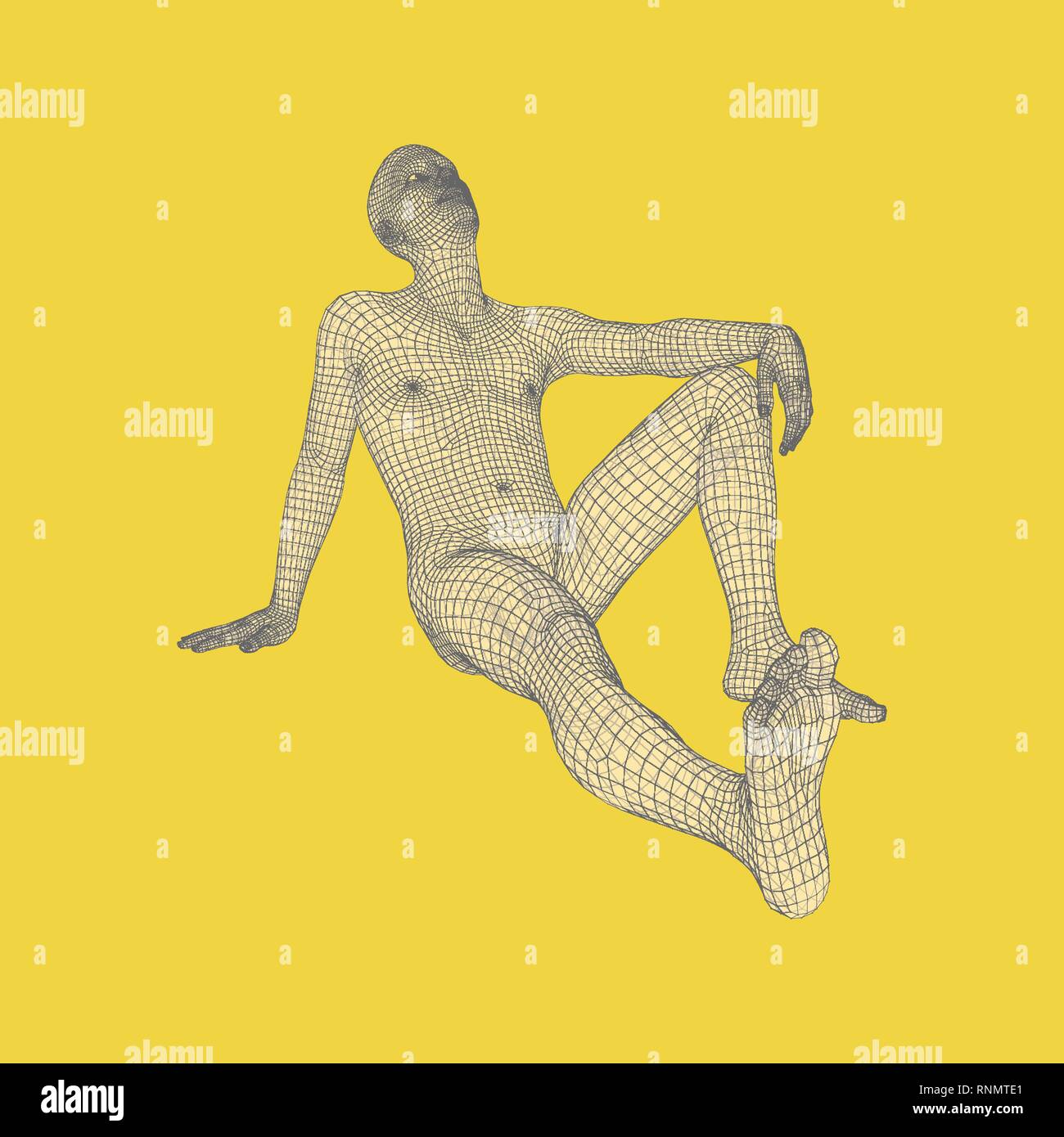 Mann in einem Denker darstellen. 3D-Modell des Menschen. Geometrischen Design. Menschliche Körper Kabel Modell. Wirtschaft, Wissenschaft, Psychologie oder Philosophie Vektor Illustration. Stock Vektor
