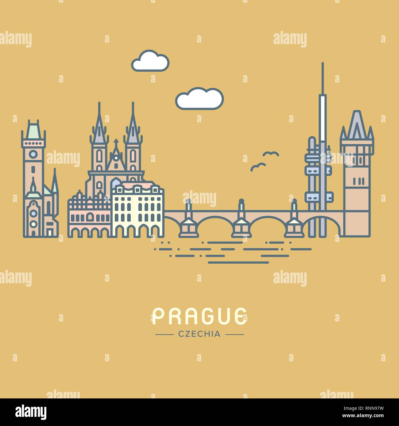 Pastell farbige Linie Symbol Stil Stadt Prag und Wahrzeichen flachbild Vector Illustration Stock Vektor