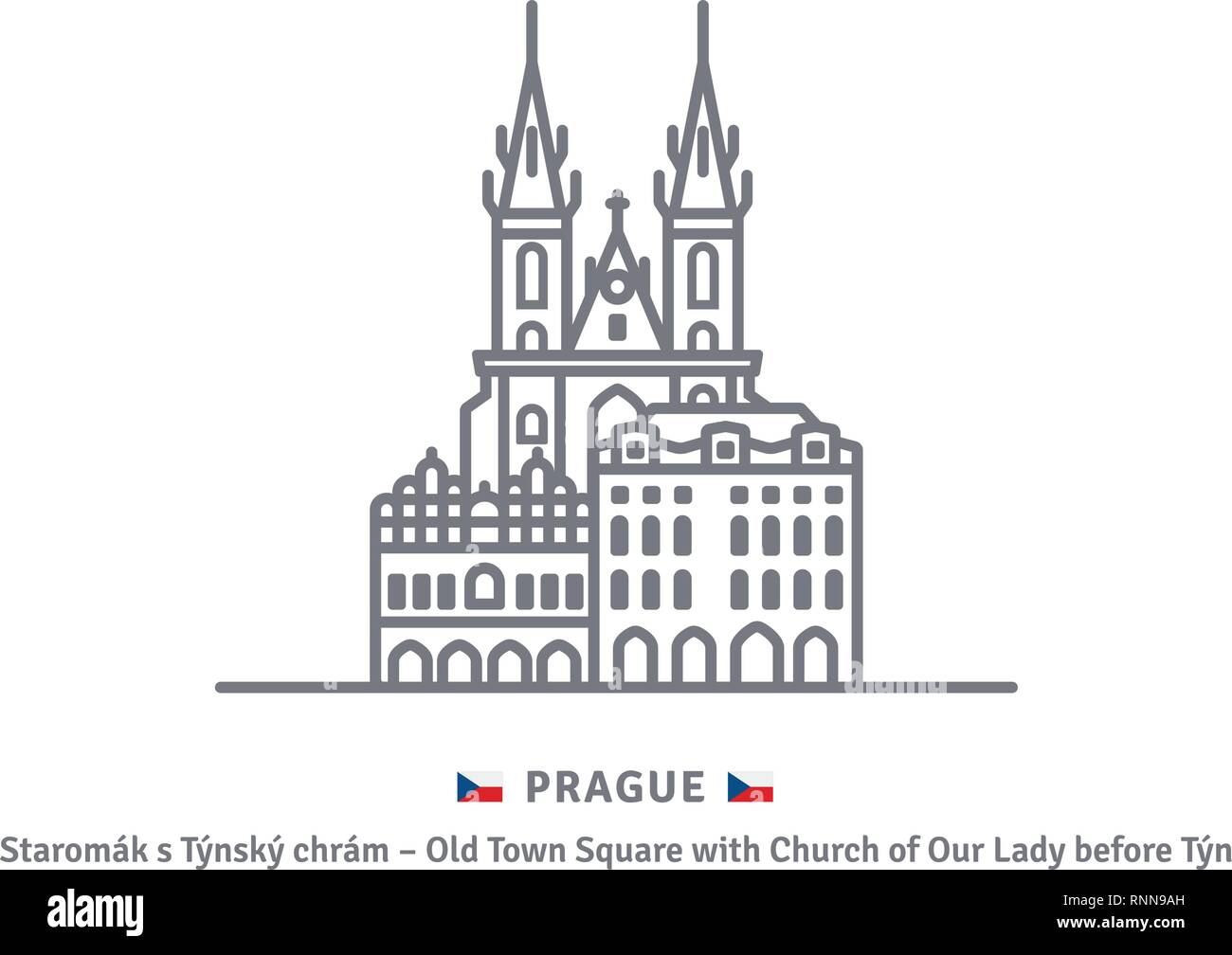 Tschechien referenzmarkenlinie Symbol. Häuser am Marktplatz der Altstadt und die Kirche der Muttergottes vor dem Tyn in Prag und der Tschechischen Flagge Vector Illustration. Stock Vektor