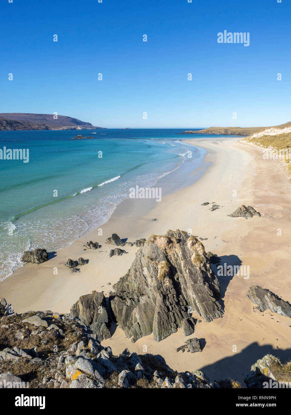 Der Strand und die Dünen bei einem Fharaid, balnakeil Bay in der Nähe von Durness, Sutherland, Schottland Stockfoto