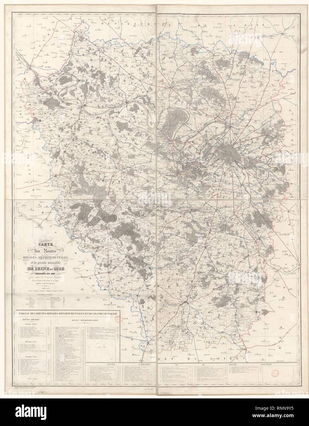 Carte des routes départementales Royales, et de Grande vicinalité de Seine-et-Oise. Stockfoto