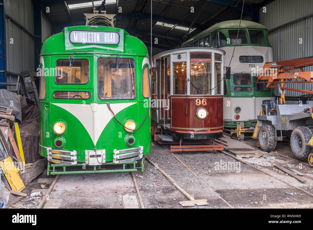 Die Heaton Park Straßenbahn ist ein Erbe der Straßenbahn, die alten Straßenbahnen als Besucher Attraktion in Heaton Park, Manchester. Stockfoto