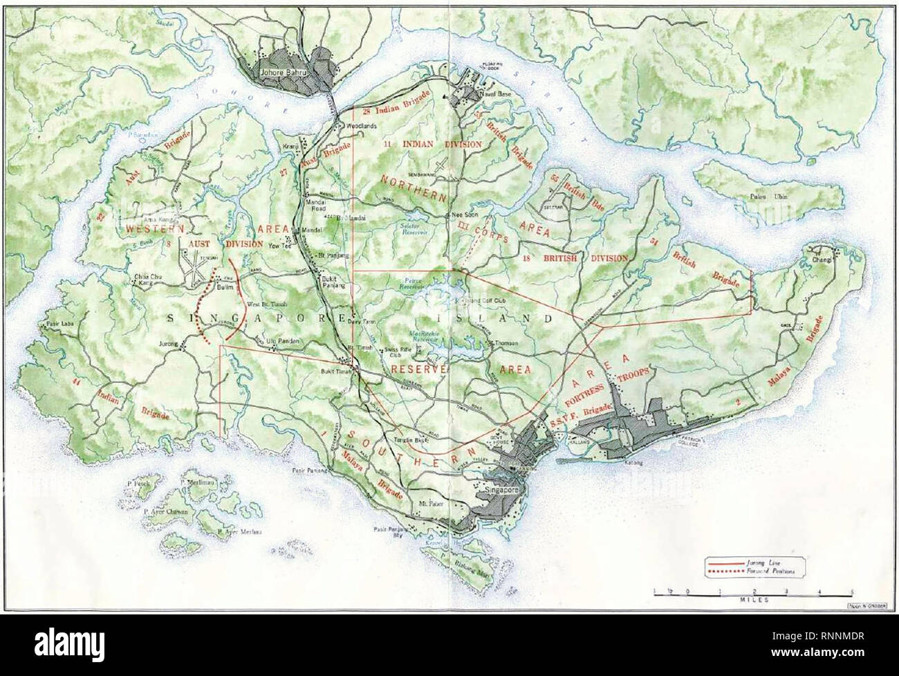 Die Disposition der alliierten Bodentruppen in Singapur Anfang Februar 1942, vor der Schlacht von Singapur. Stockfoto