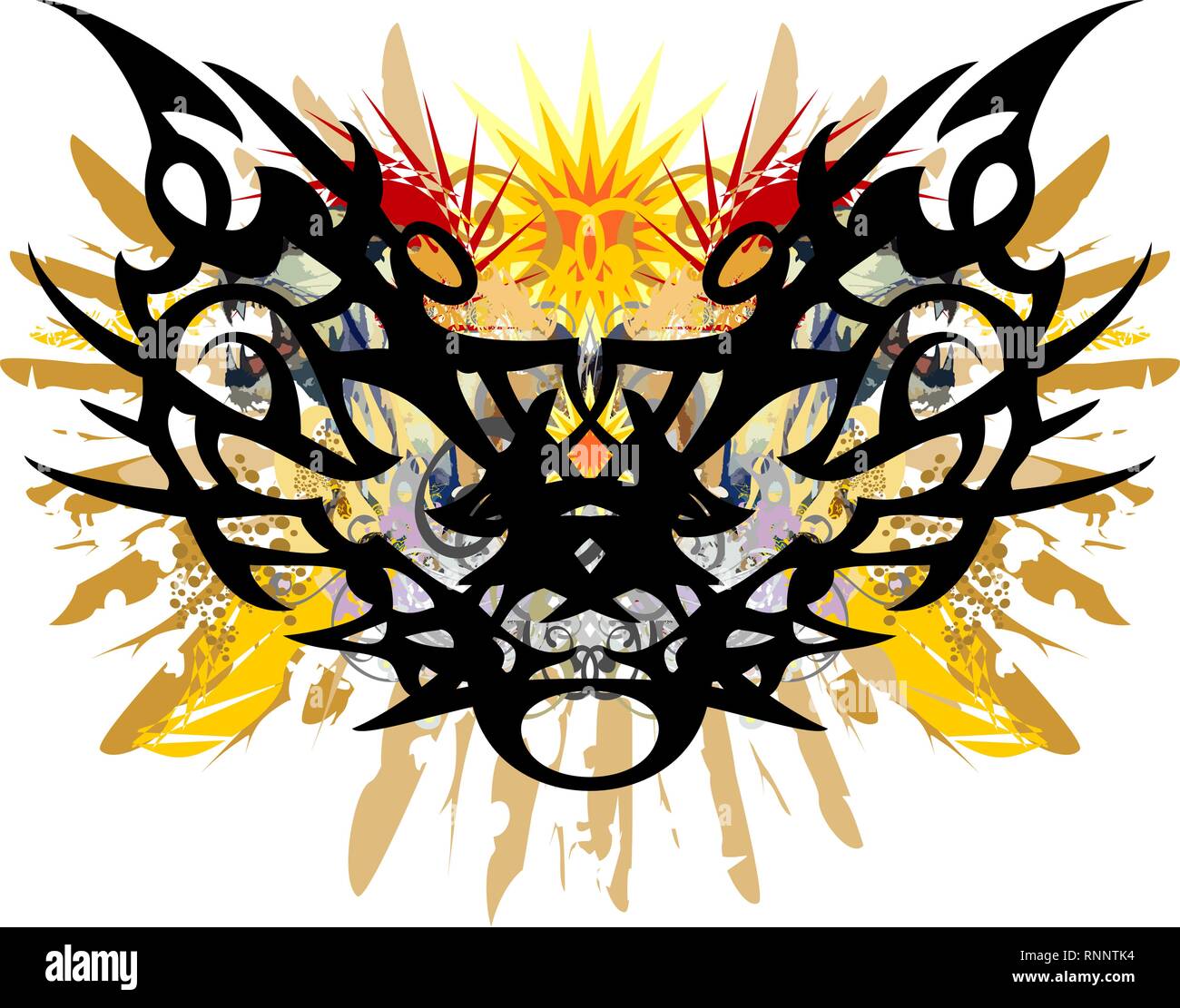 Bunte Schmetterling Spritzer in die Katze Kopf Form. Fantastische Schmetterling mit Elementen der Gold Eagle Wings und Farbe floralen Akzenten auf weißem Hintergrund Stock Vektor