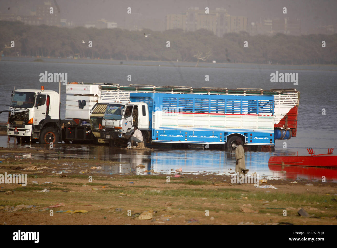 Khartum, Sudan. 19 Feb, 2019. Menschen waschen Lkw auf der Bank des Weißen Nil in Khartum, Sudan, Jan. 19, 2019. Menschen in Khartum bringen ihre Fahrzeuge an die Bank des Weißen Nil zum Waschen da weniger Kosten als bei Auto waschen. Die Inflationsrate im Sudan 43,45 Prozent im Januar erreicht, sagte der Sudan Central Statistics Bureau in einem monatlichen Bericht am 13.02.11. Credit: Mohamed Khidir/Xinhua/Alamy leben Nachrichten Stockfoto