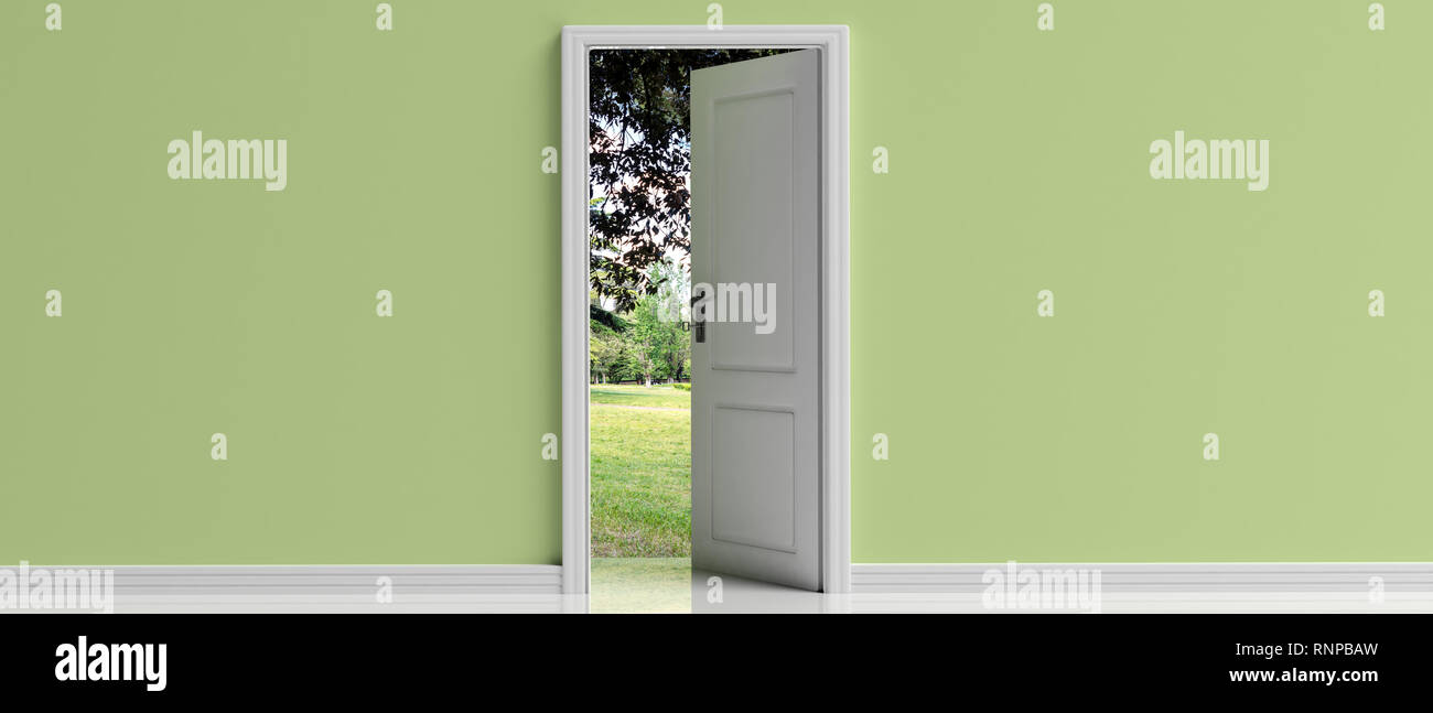 Geöffnete Tür, Passage der Natur, Hoffnung. Tür auf Grün pastell Wand Hintergrund geöffnet, mit Blick auf den Park aus der Tür öffnen, Banner, kopieren. 3d illustratio Stockfoto