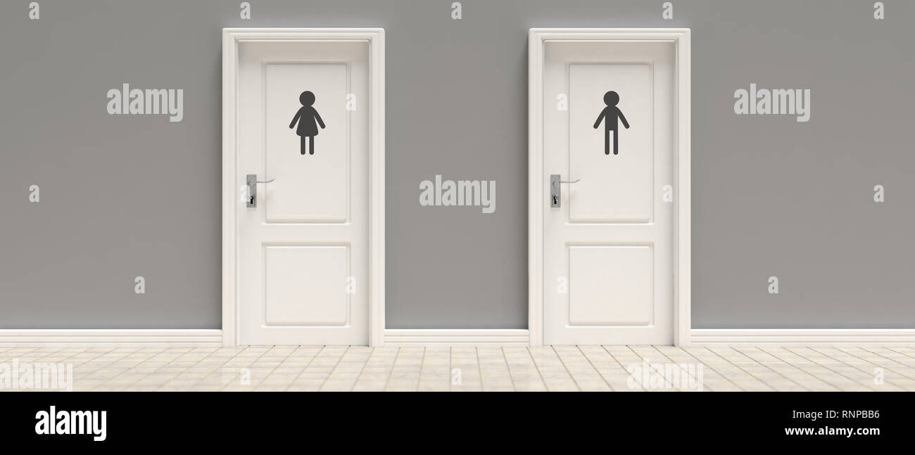 WC, Toiletten. Zwei geschlossene Türen an der grauen Wand- und Bodenfliesen Hintergrund, Banner, kopieren. 3D-Darstellung Stockfoto