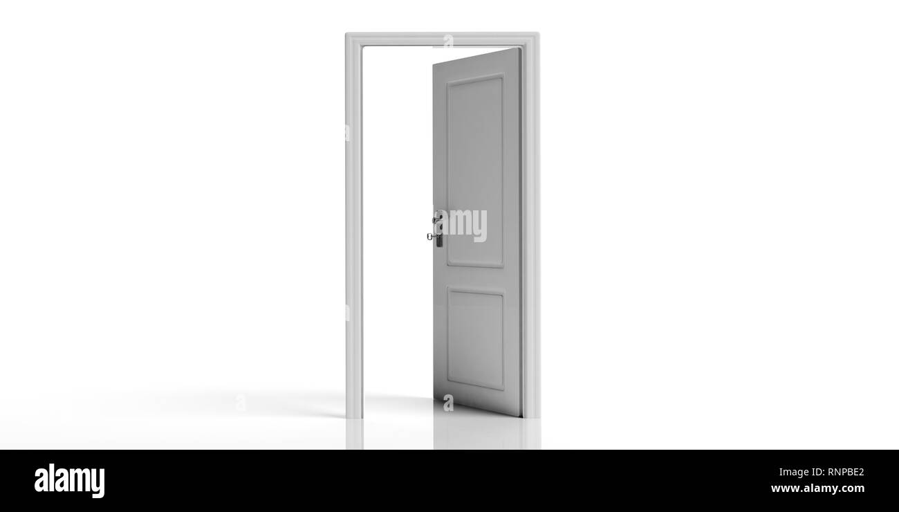 Weiß offene Tür auf weißem Hintergrund, kopieren. 3D-Darstellung Stockfoto