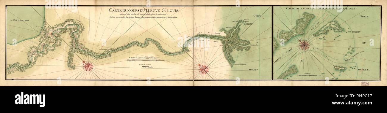 Carte du Cours Du Fleuve St. Louis depuis Dix lieues audessus de la Nouvelle Orleans jusqu'à son Embouchure ou les Wohnungen sind marquées formées, et les Terrains concedez (d. h. concédés), auxquels Stockfoto