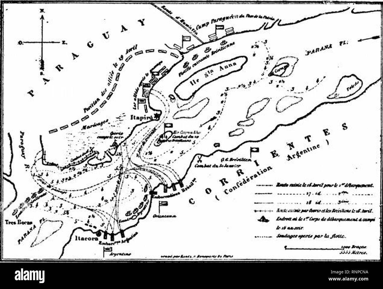 Carte indiquant la position de l'Escadre alliée et la marche de la Colonne du général Osorio. - (Opérations de 16 17 et 18 avril 1866). Stockfoto