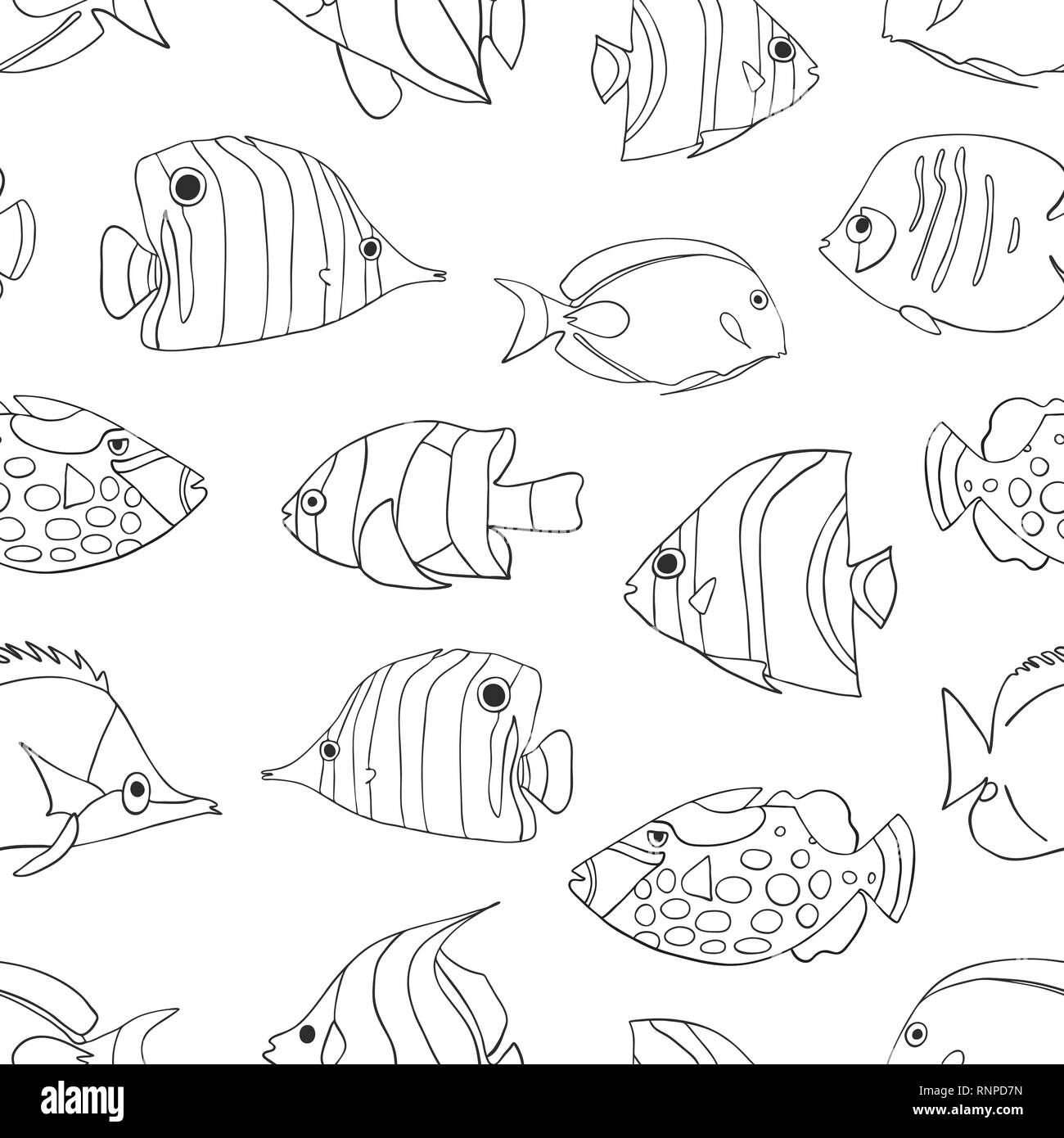 Tropische Fische Schwarz Auf Weiss Nahtlose Vektor Muster Schwimmen Falterfische Clown Druckerfisch Dirne Anemonenfischen Kaiserfische Clownfisch Hintergrund Hand Marine Unterwasser Doodle Hintergrund Gezeichnet Stock Vektorgrafik Alamy