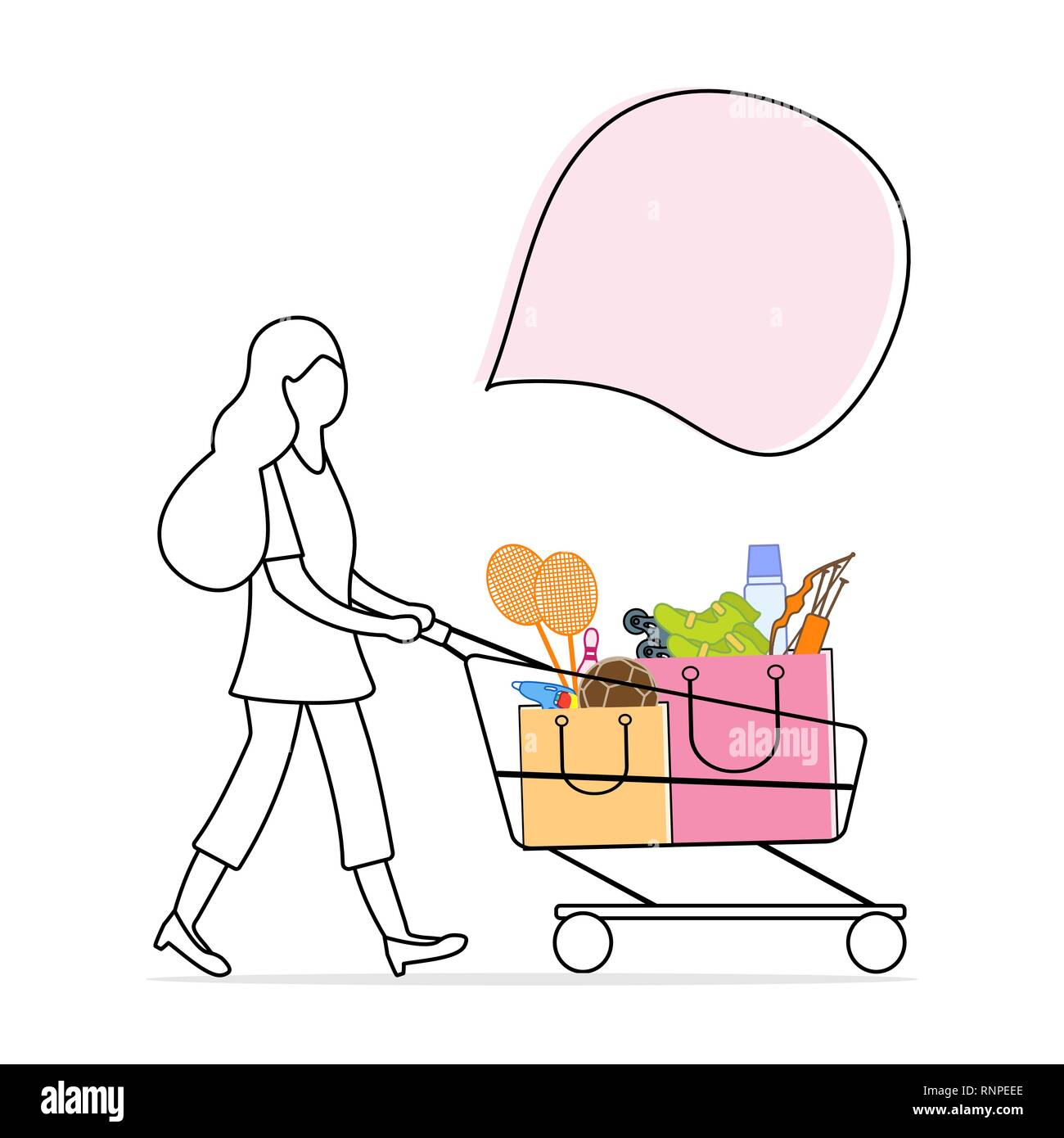 Vector Illustration mit Frau trägt einen Warenkorb mit gekauften Ware aus dem Store. Mädchen, shopping. Große Verkaufs- und Shopping Konzept. Stock Vektor