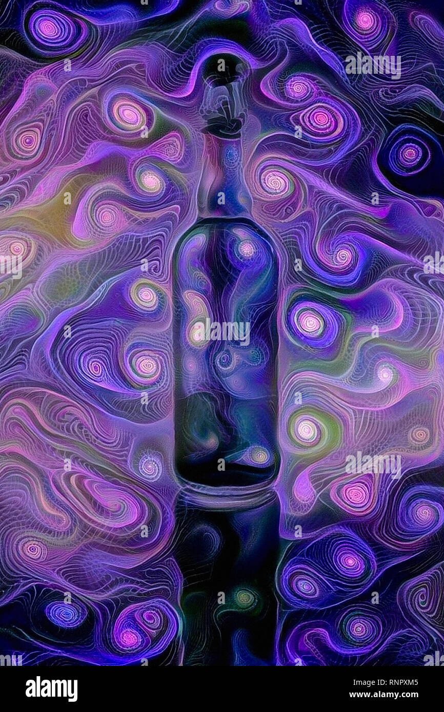 Moderne Kunst Wein Flasche in violetten Farbtönen Stockfoto