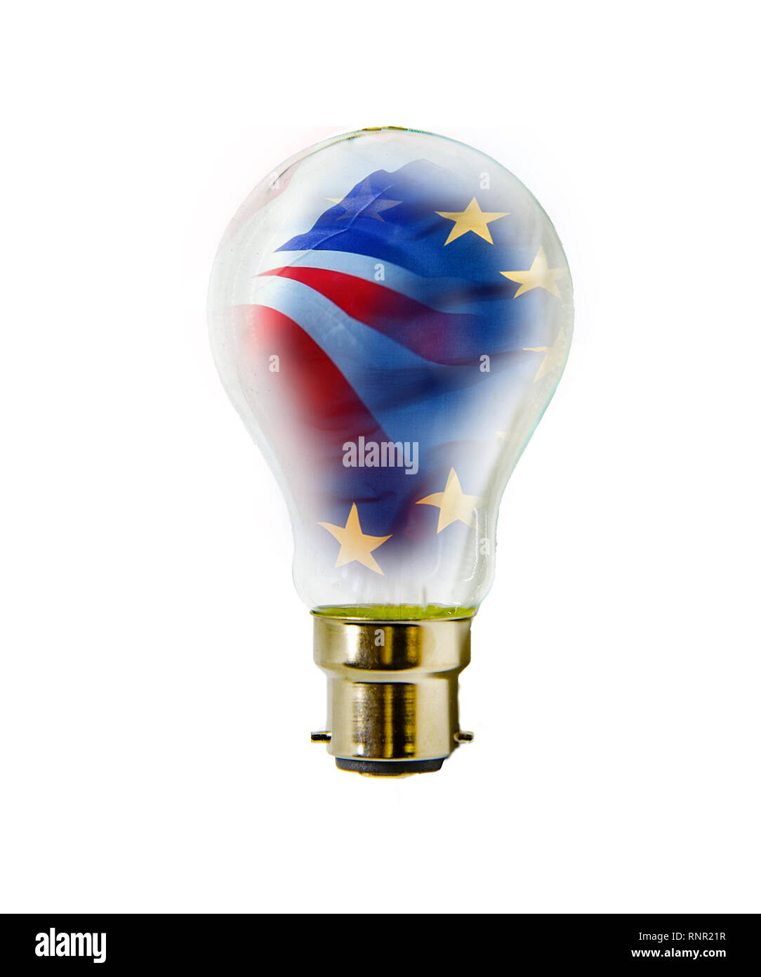 Ein Verbundwerkstoff aus EU- und UK-Flags innerhalb einer Glühbirne Stockfoto