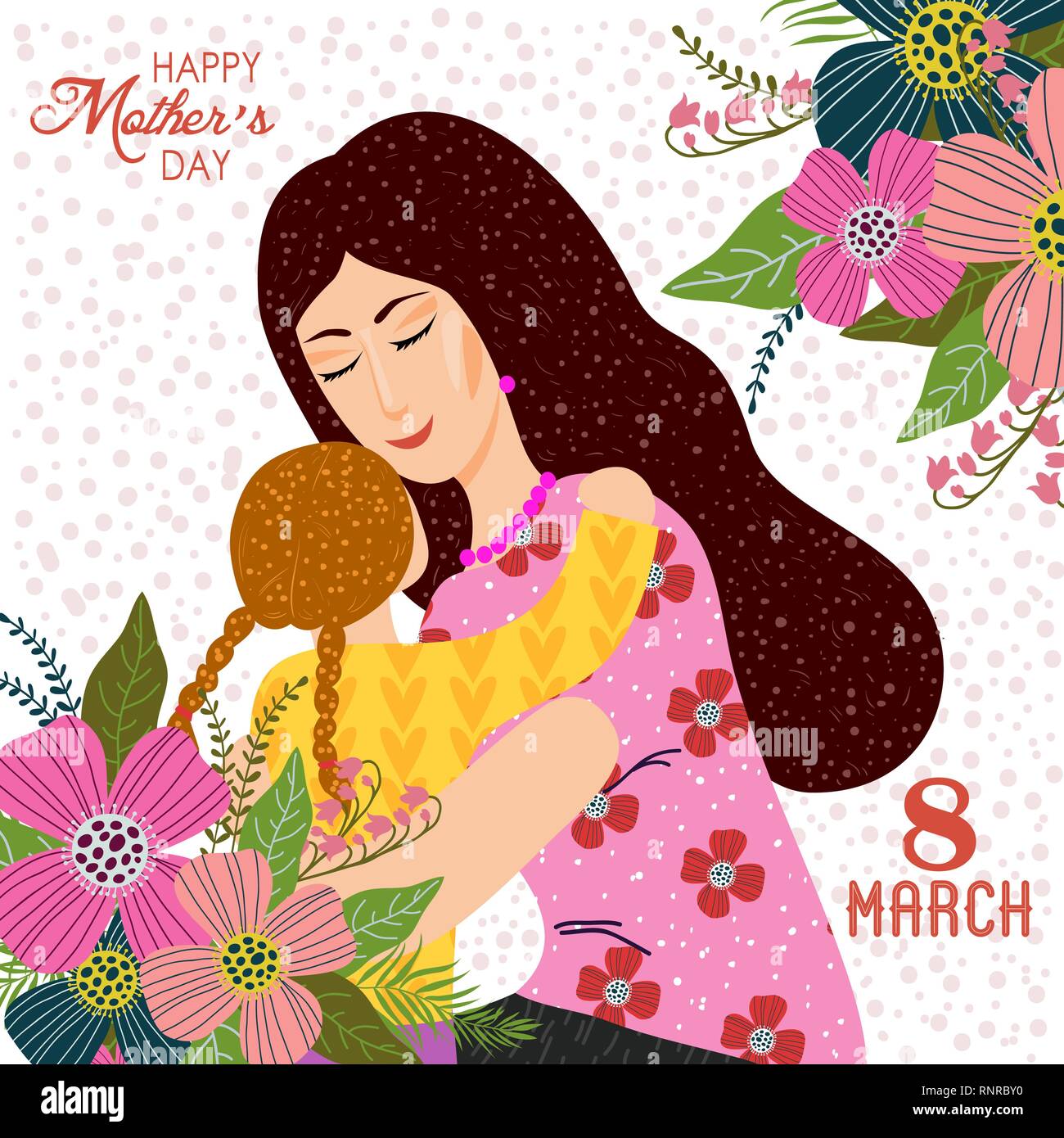 8. März. Cute cartoon Mutter, Tochter und doodle Blumen auf einem weißen Hintergrund. Vektor Vorlagen für Karte, Plakat, Flyer und andere Benutzer Stock Vektor
