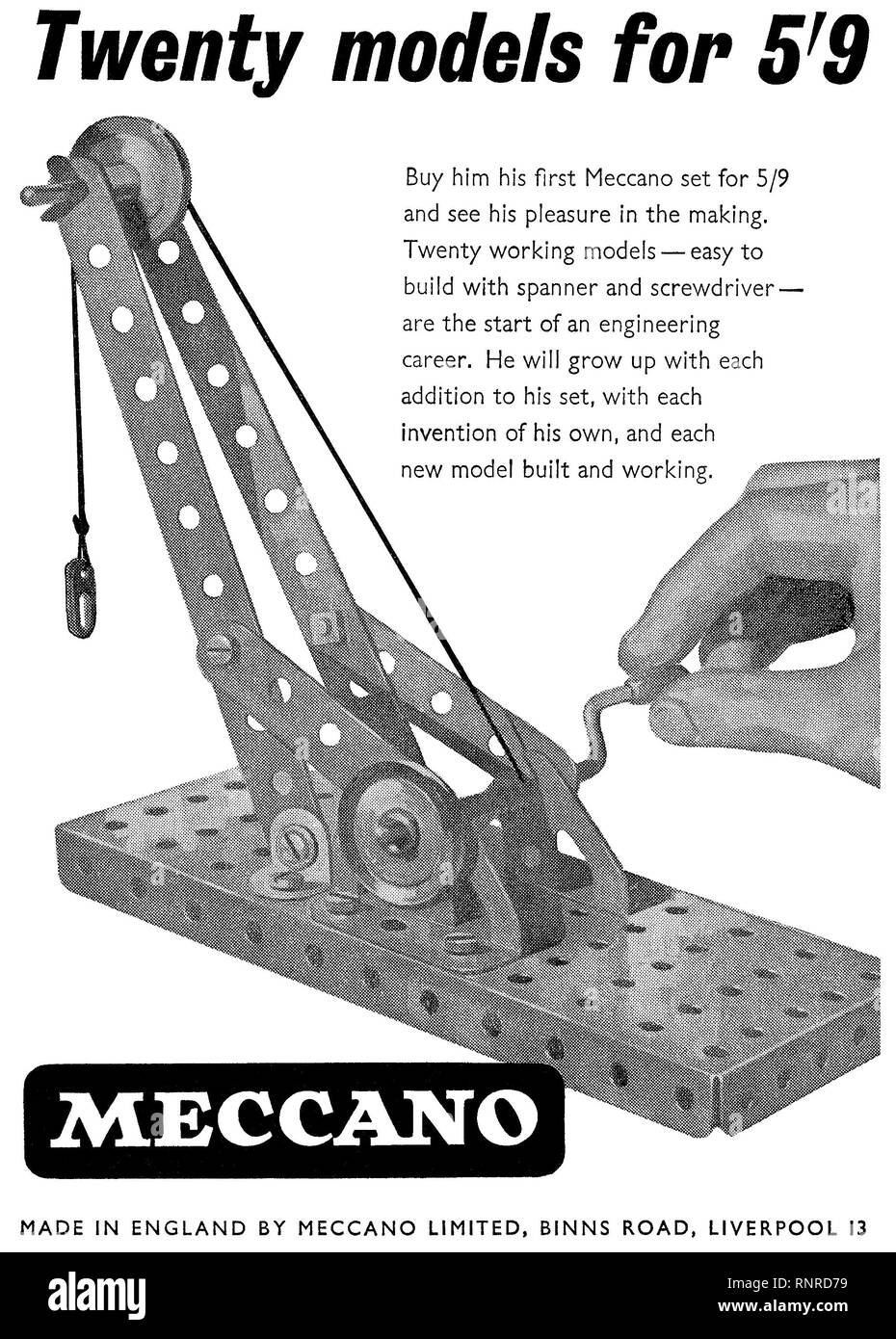 1956 britischen Werbung für Meccano Konstruktor Spielzeug. Stockfoto