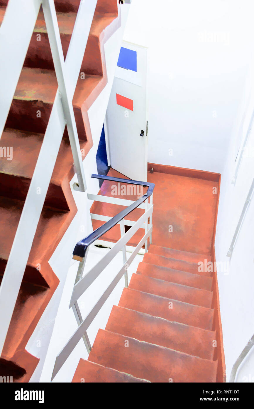 Stilisierte Bild nach unten eine nottreppe bei einer Zugangsklappe in einem Hochhaus Stockfoto