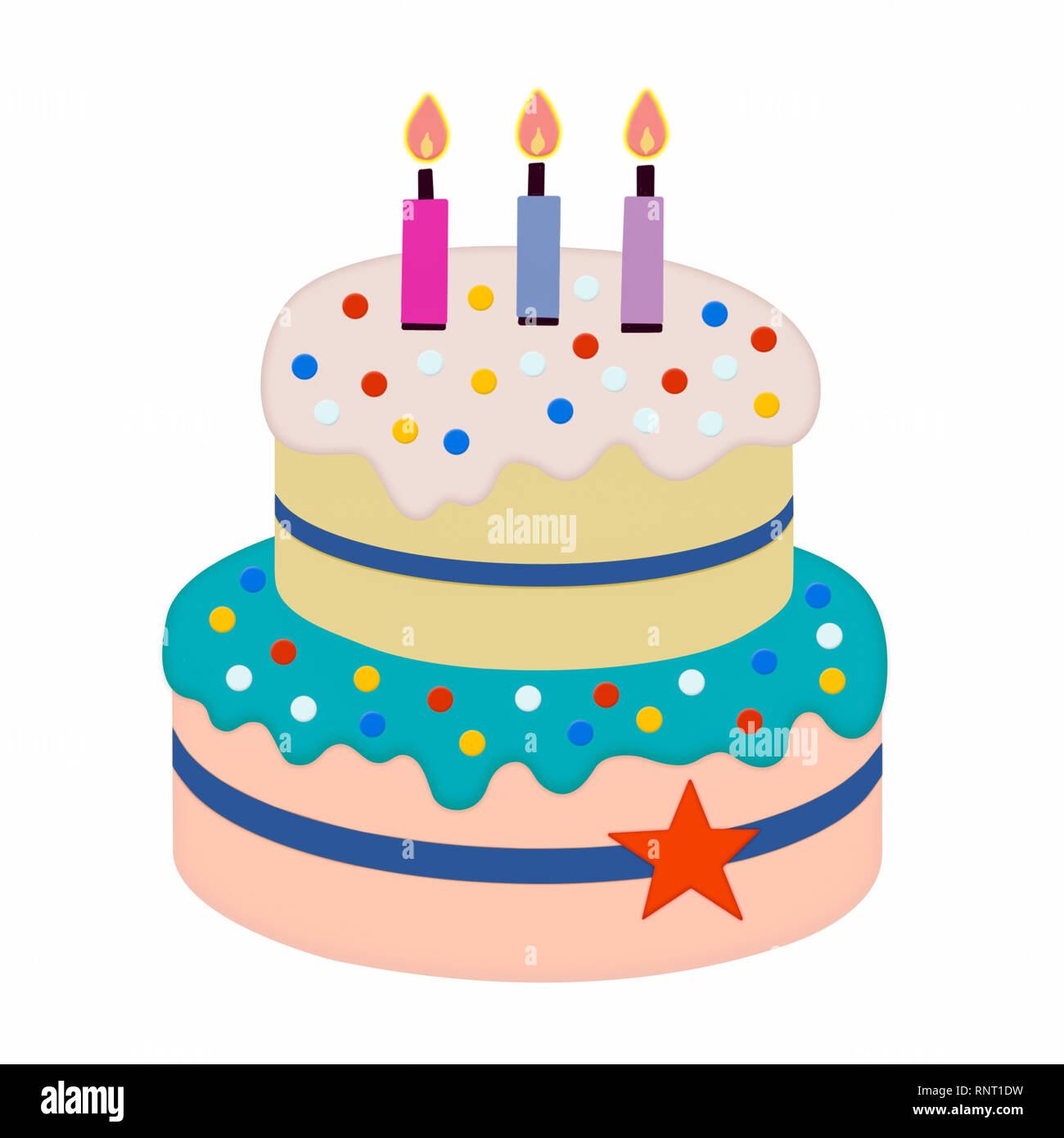 Abbildung: ein buntes 2-tier iced Geburtstag Kuchen mit drei Kerzen, ideal für für ein Menü, Süßwaren Katalog oder Party einladen Stockfoto