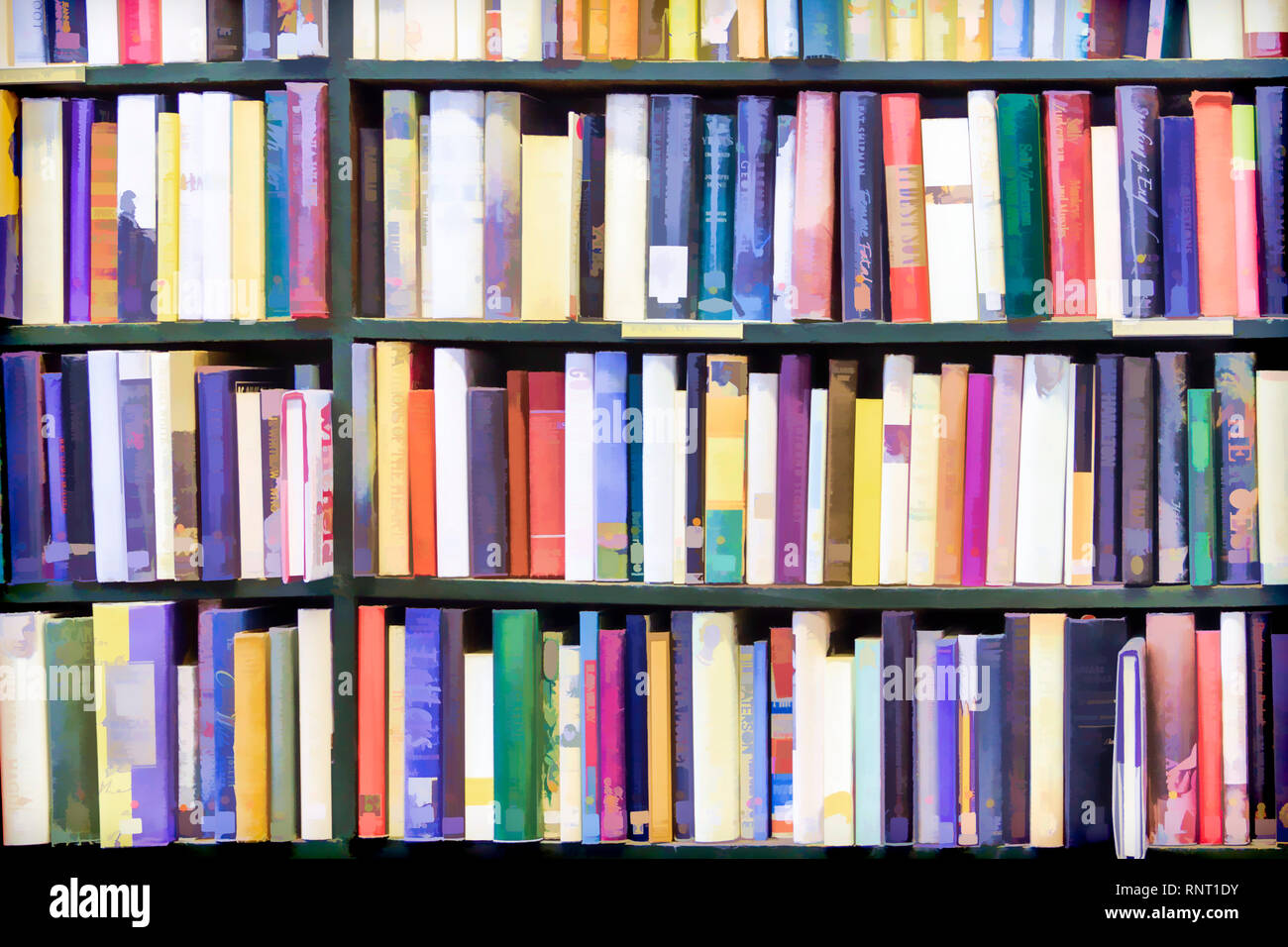 Abstrakte Malerei Bild von bunten Bücher fest auf eine Bibliothek Regal gestapelt, die Titel verdeckt Stockfoto