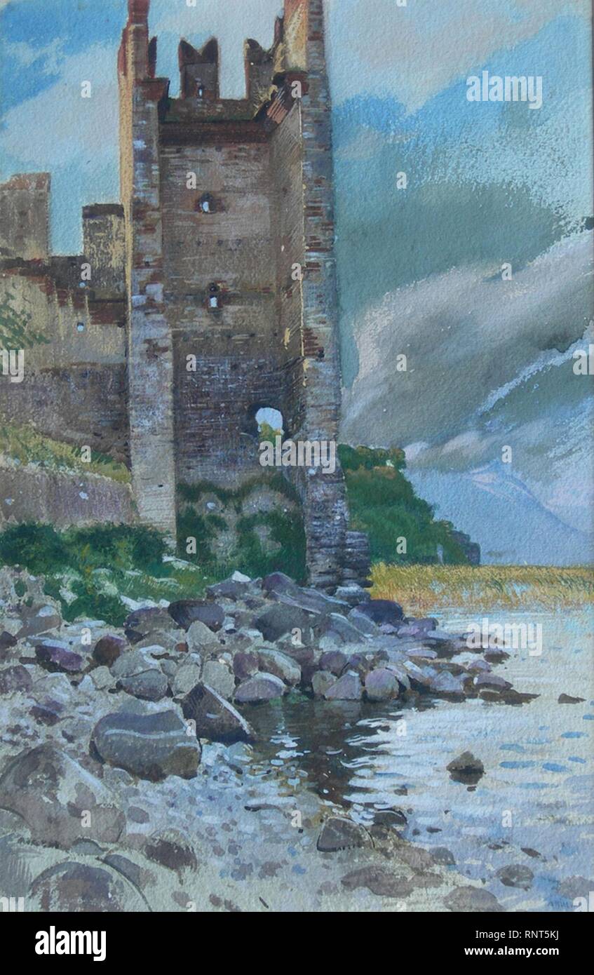 Burg am Gardasee von Adolf Hirémy-Hirschl, Aquarell. Stockfoto
