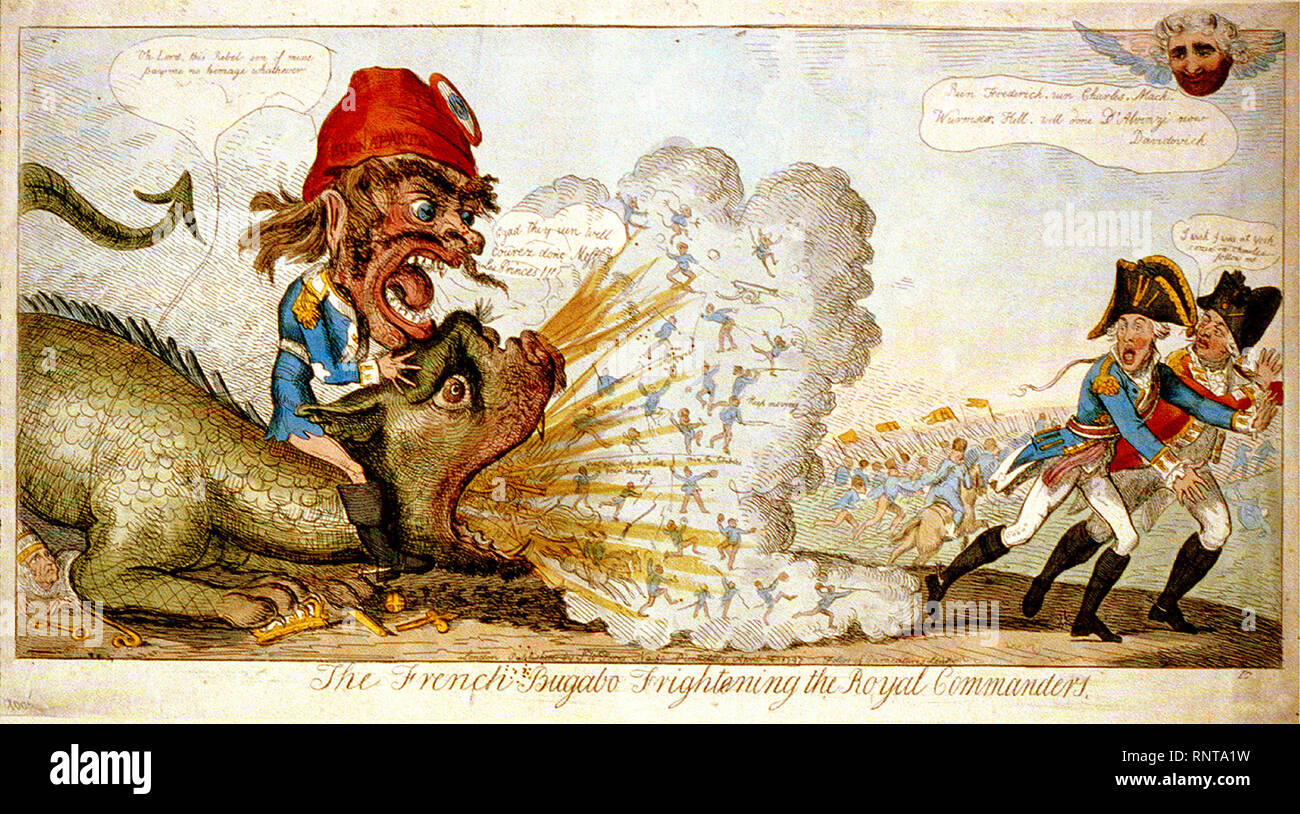 Bonaparte, eine groteske Figur mit einem großen Kopf, der Hals der bestrides einen schuppigen Monster, die atmet Soldaten (Pferd und zu Fuß), Gewehre, und Dämonen in eine Wolke von Rauch. Stockfoto