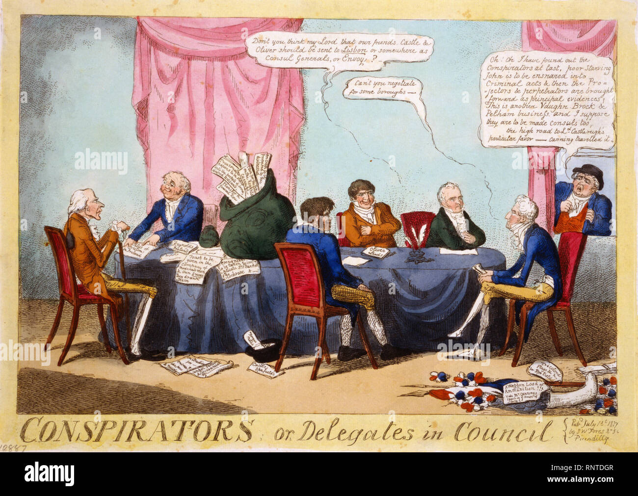 Cartoon zeigt drei Minister der Regierung, Viscount Sidmouth, Thomas Reynolds und Viscount Castlereagh, an einem Tisch sitzen mit drei Agenten oder Spione. Stockfoto Cartoon zeigt drei Minister der Regierung, Viscount Sidmouth, Thomas Reynolds und Viscount Castlereagh, an einem Tisch sitzen mit drei Agenten oder Spione. Stockfoto