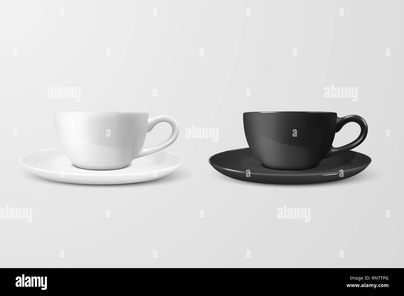 Realistische Vector3d Leeren Weißen und Schwarzen Kaffee Tee Tasse, Becher Symbol Closeup isoliert auf weißem Hintergrund. Design Template aus Porzellan Tasse oder Becher und Stock Vektor