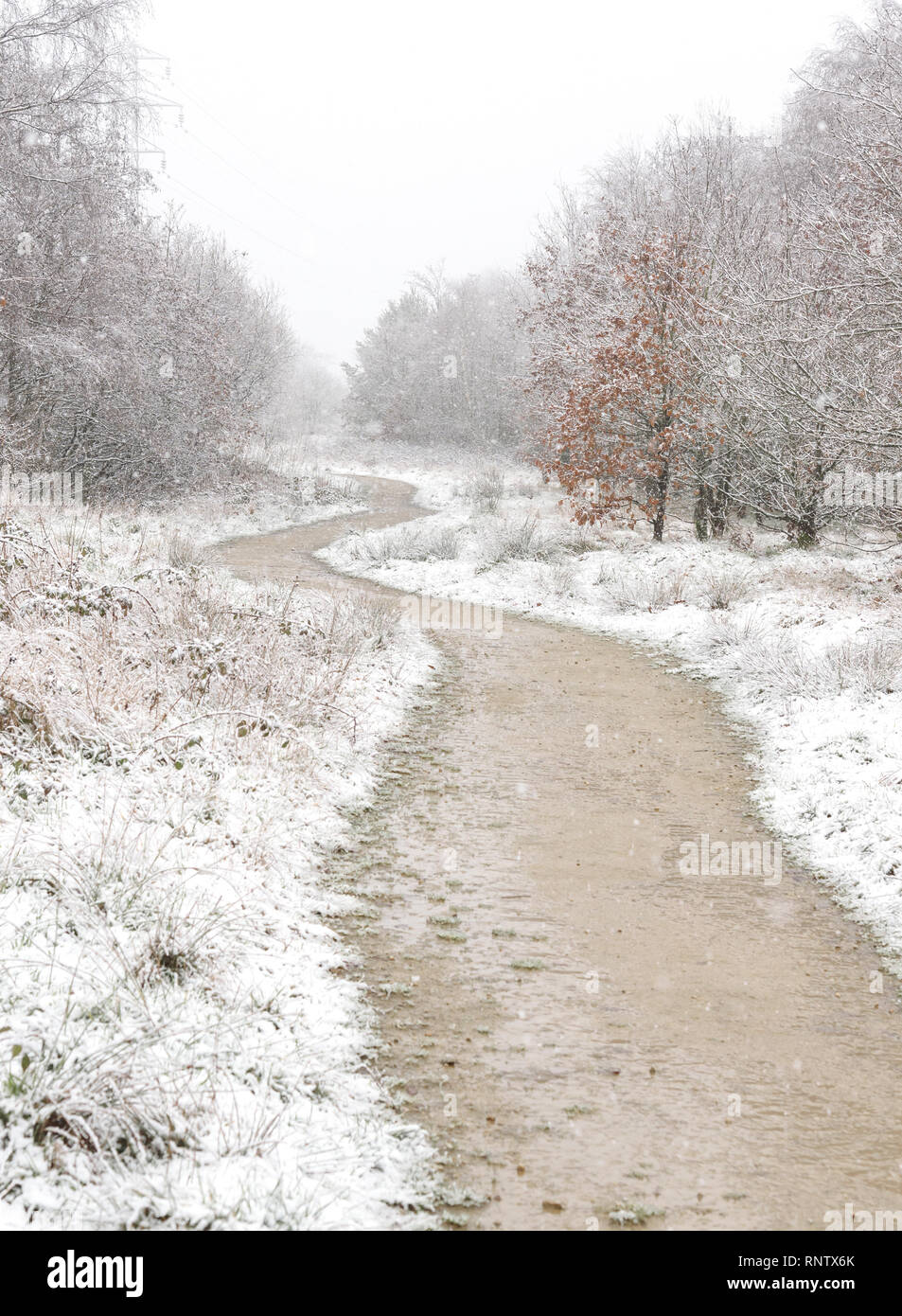 Straße durch englische Landschaft mit Schnee bedeckt. Stockfoto
