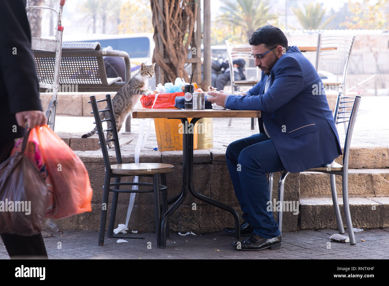 Ein Mann in einem blauen Anzug essen Mittagessen in Jerusalem wie eine Katze nähert sich seinem Tisch Stockfoto