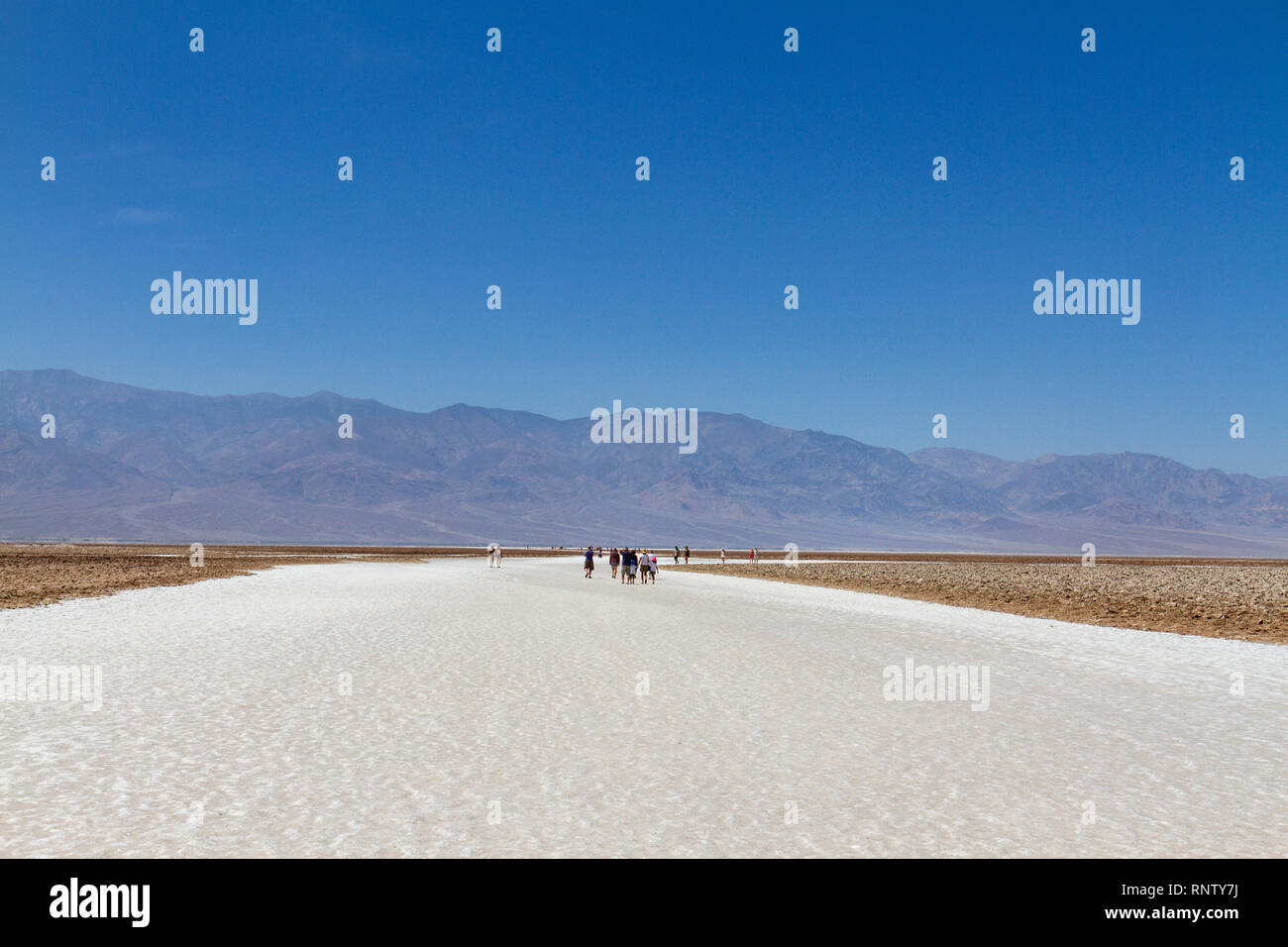 Besucher Position heraus auf die salzpfanne am Badwater Basin, Death Valley National Park, California, United States. Stockfoto