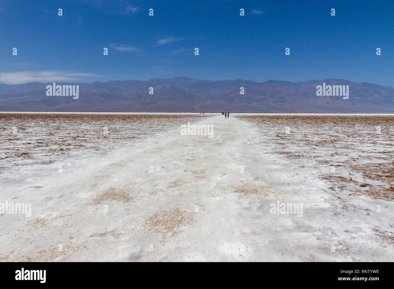 Besucher Position heraus auf die salzpfanne am Badwater Basin, Death Valley National Park, California, United States. Stockfoto