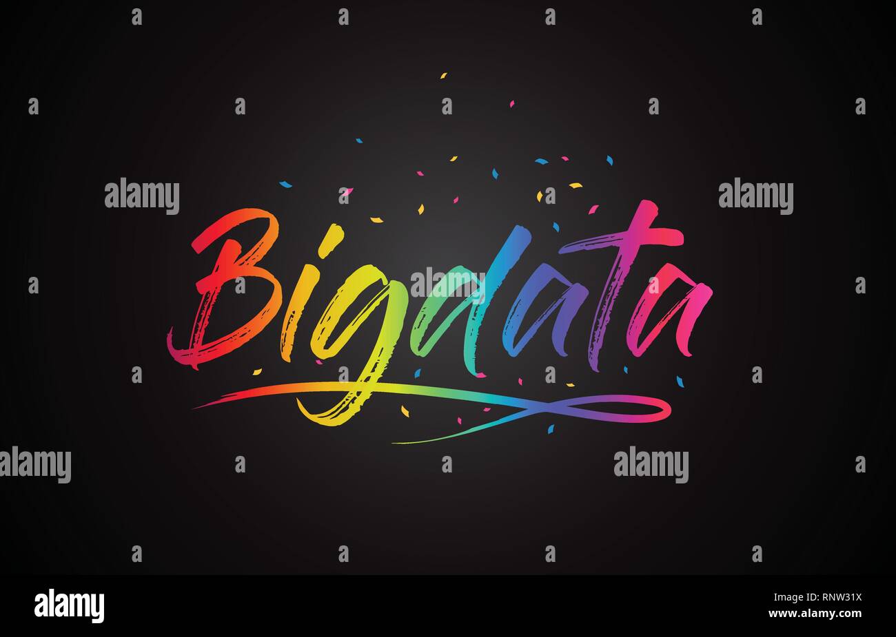 Bigdata Wort Text mit handschriftlichen Rainbow lebendige Farben und Konfetti Vector Illustration. Stock Vektor