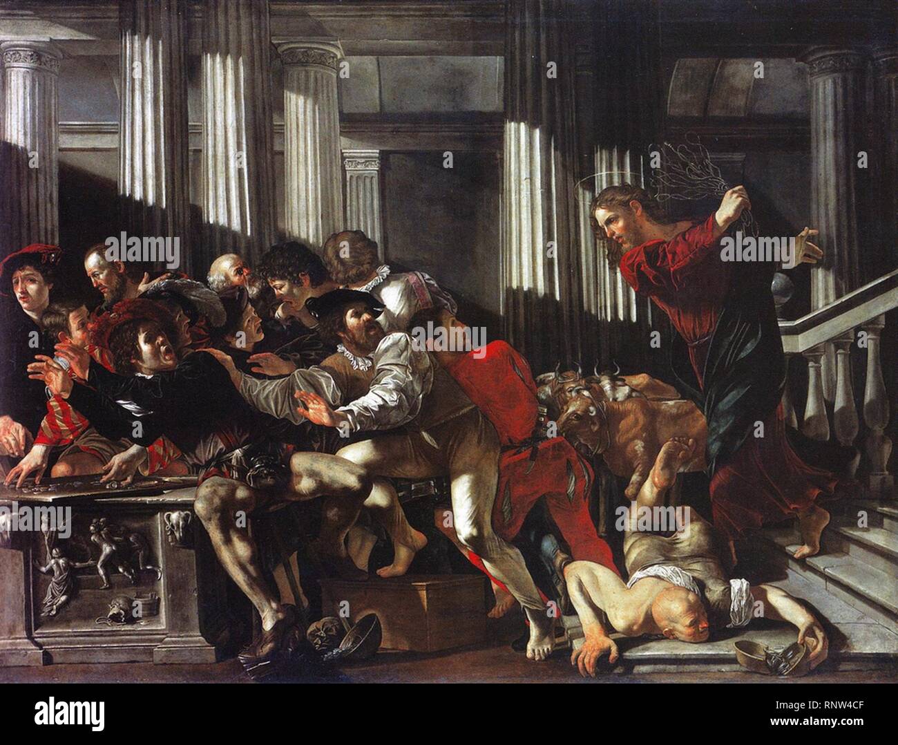 Cecco del Caravaggio Expulsión de Los Mercaderes del Templo 1610 den Staatlichen Museen Berlin. Stockfoto