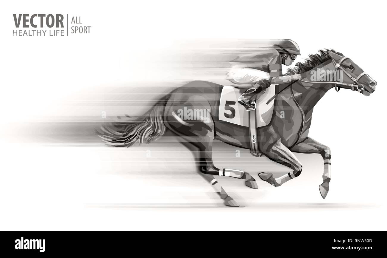 Jockey auf Racing Pferd. Champion. Das hippodrom. Rennstrecke. Reiten. Vector Illustration. Derby. Geschwindigkeit. Verschwommene Bewegung. Auf weiß Isoliert Stock Vektor
