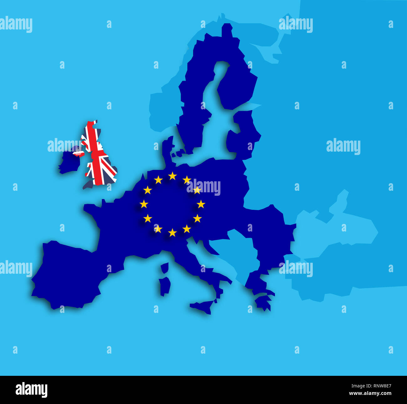 Brexit Referendum Grossbritannien Konzept Vereinigtes Konigreich Grossbritannien Und England Eu Verlassen Mit Uk Als Flag Und Eu Stars Auf Der Karte Von Europa Mit Schlagschatten Stockfotografie Alamy