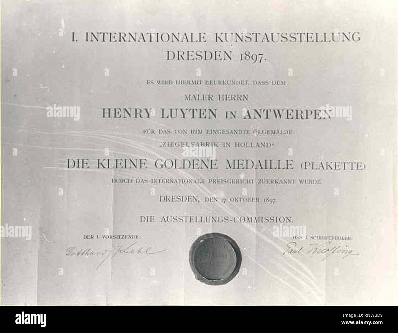 Zertifikat der kleine Goldmedaille zu Henry Luyten von der Jury des I. Internationale Kunstausstellung Dresden 1897 ausgezeichnet Stockfoto