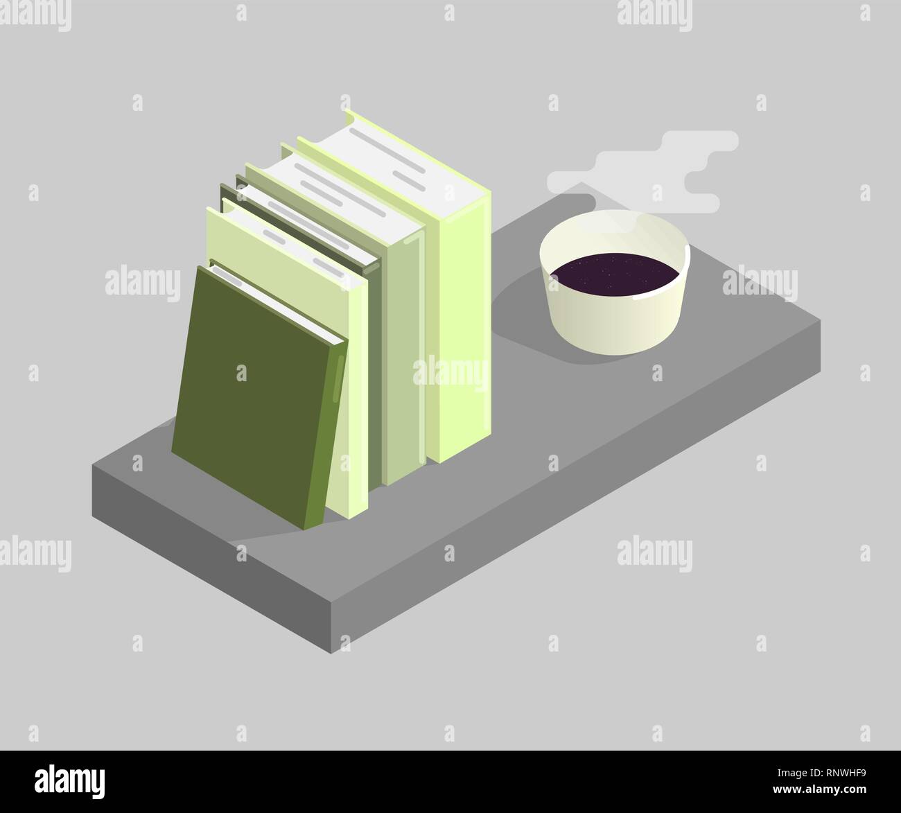 Die Vector Illustration von Büchern und eine Tasse Kaffee. Isometrische Darstellung. Stock Vektor