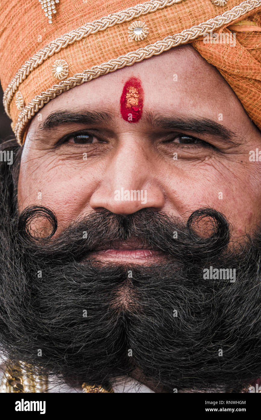 Porträt des Menschen in der Schnurrbart Wettbewerb in Pushkar Camel Fair in Rajasthan, Indien Stockfoto