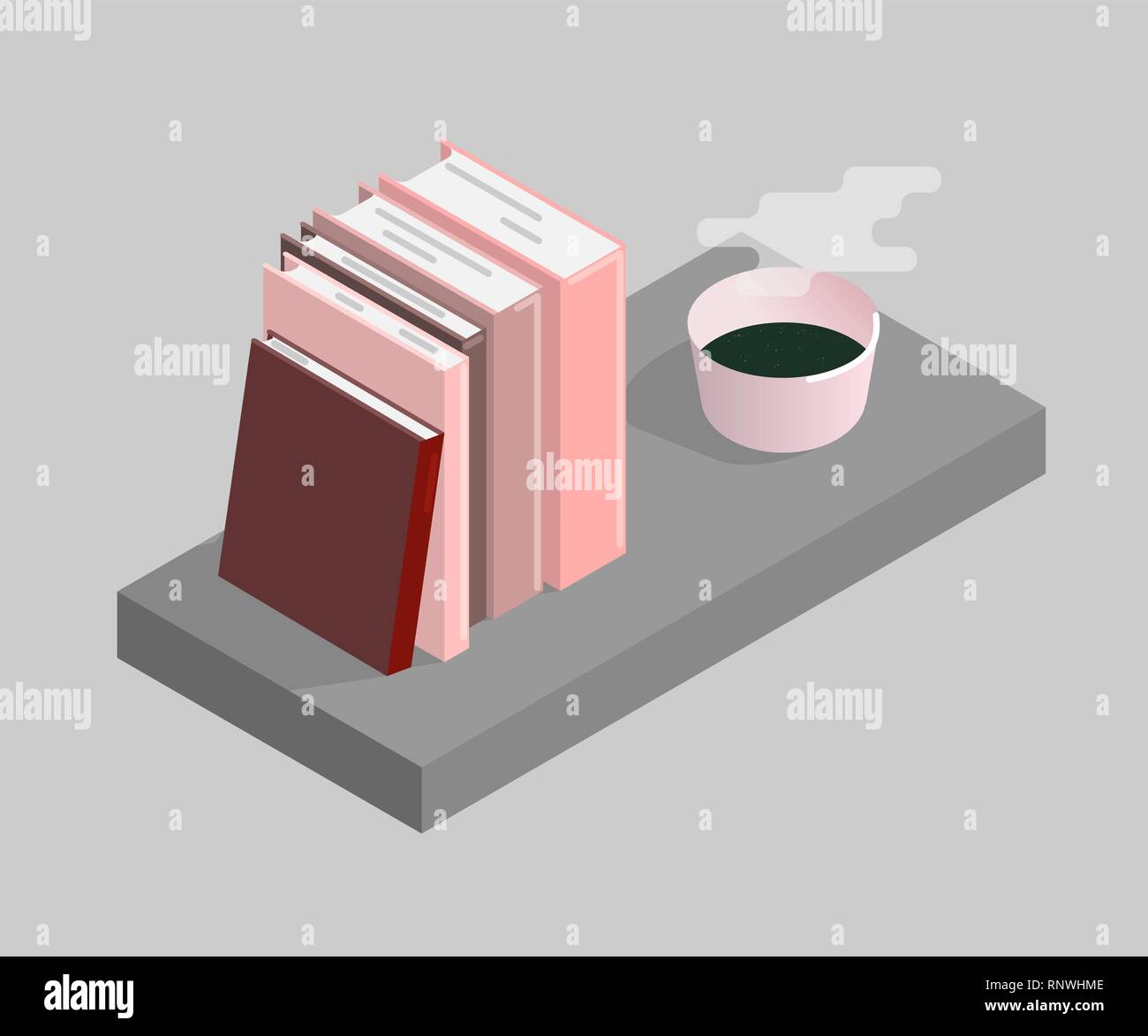 Die Vector Illustration von Büchern und eine Tasse Kaffee. Isometrische Darstellung. Stock Vektor
