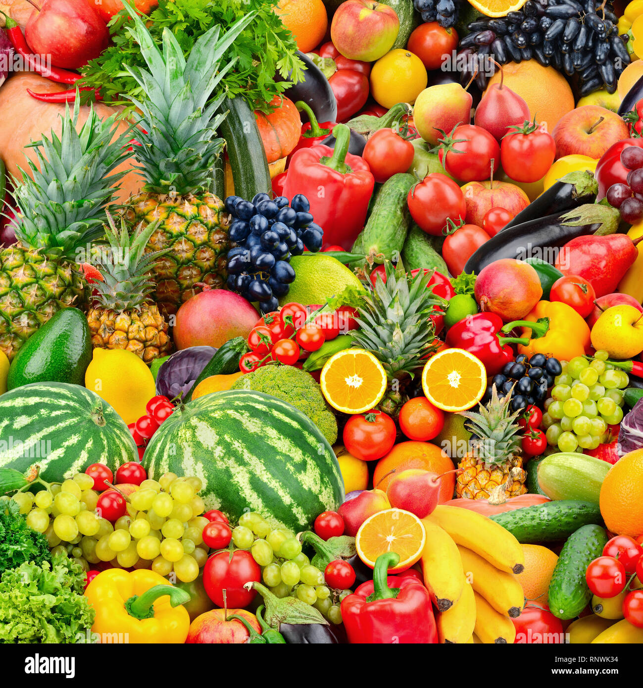Verschiedene frische reife Früchte und Gemüse. Essen Konzept Hintergrund.  Ansicht von oben. Kopieren Sie Platz Stockfotografie - Alamy