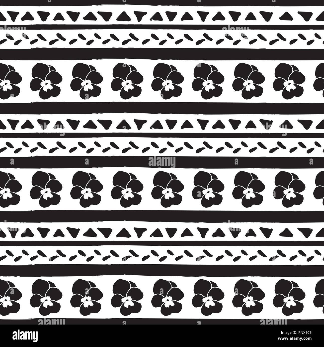 Vektor nahtlose Muster mit Stiefmütterchen Hand gezeichnet Streifen und Dreiecken. Hand schwarze Streifen und Dreiecke gezeichnet. Stock Vektor