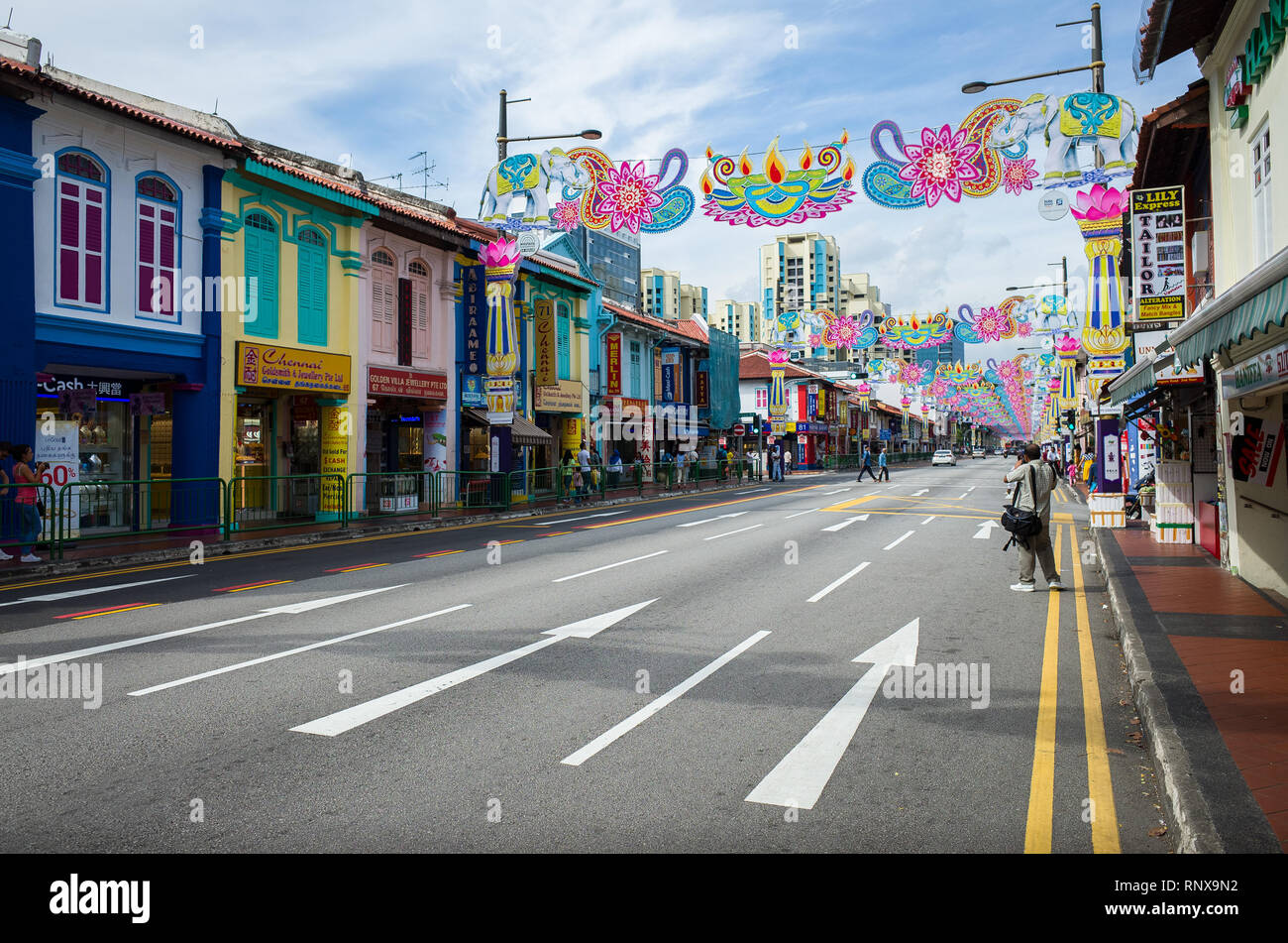 Bunte Diwali-fest Dekorationen auf Serangoon Road, Little India, Singapur Stockfoto