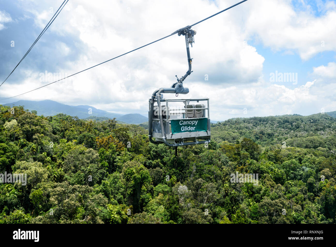 Ein Vordach Segelflugzeug Gondel von der Skyrail Rainforest Cableway über das Weltkulturerbe Barron Gorge National Park Cairns, Far North Queensland, FN Stockfoto