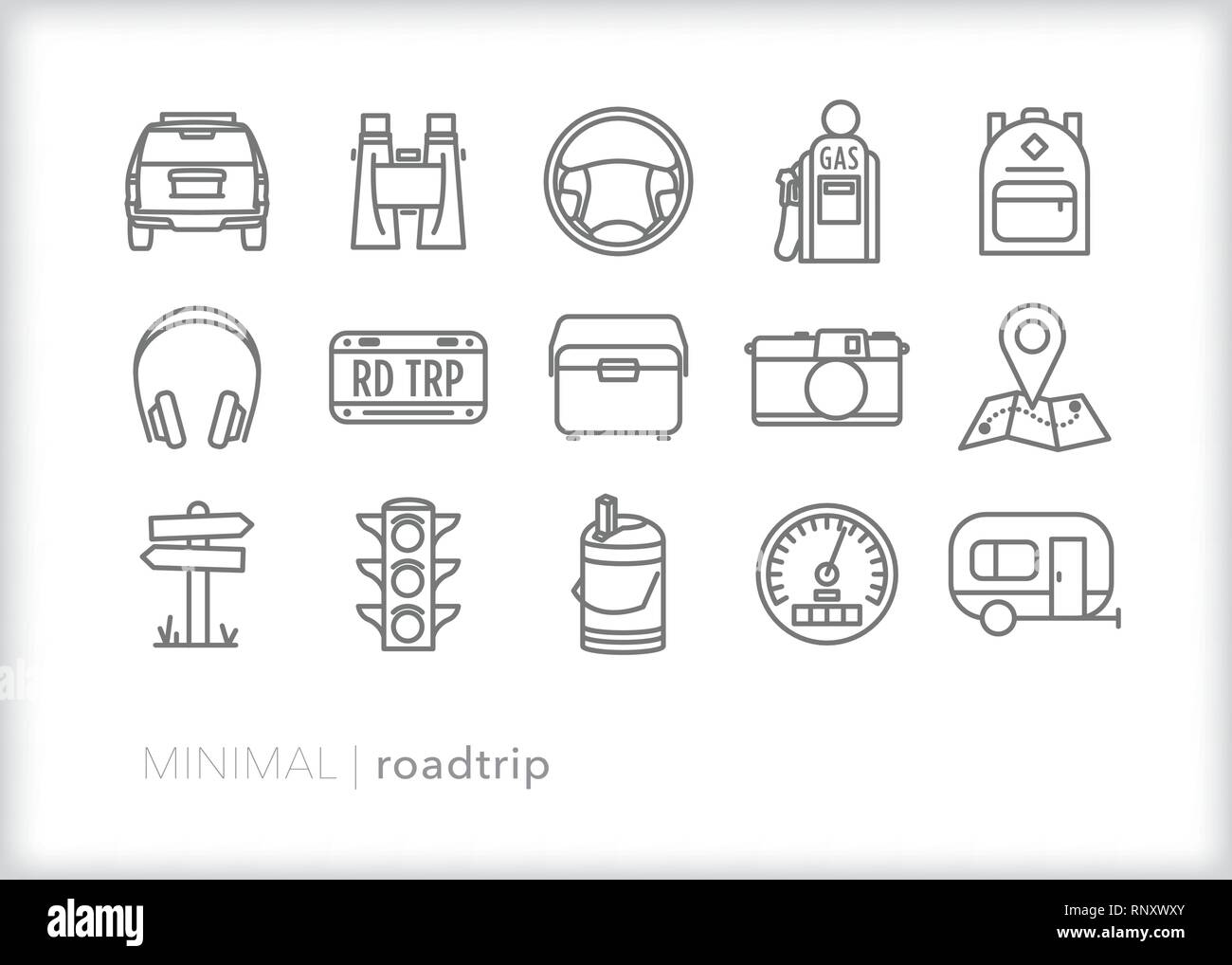 Satz von 15 road trip Zeile für Symbole für einen Familienurlaub mit dem Auto Stock Vektor