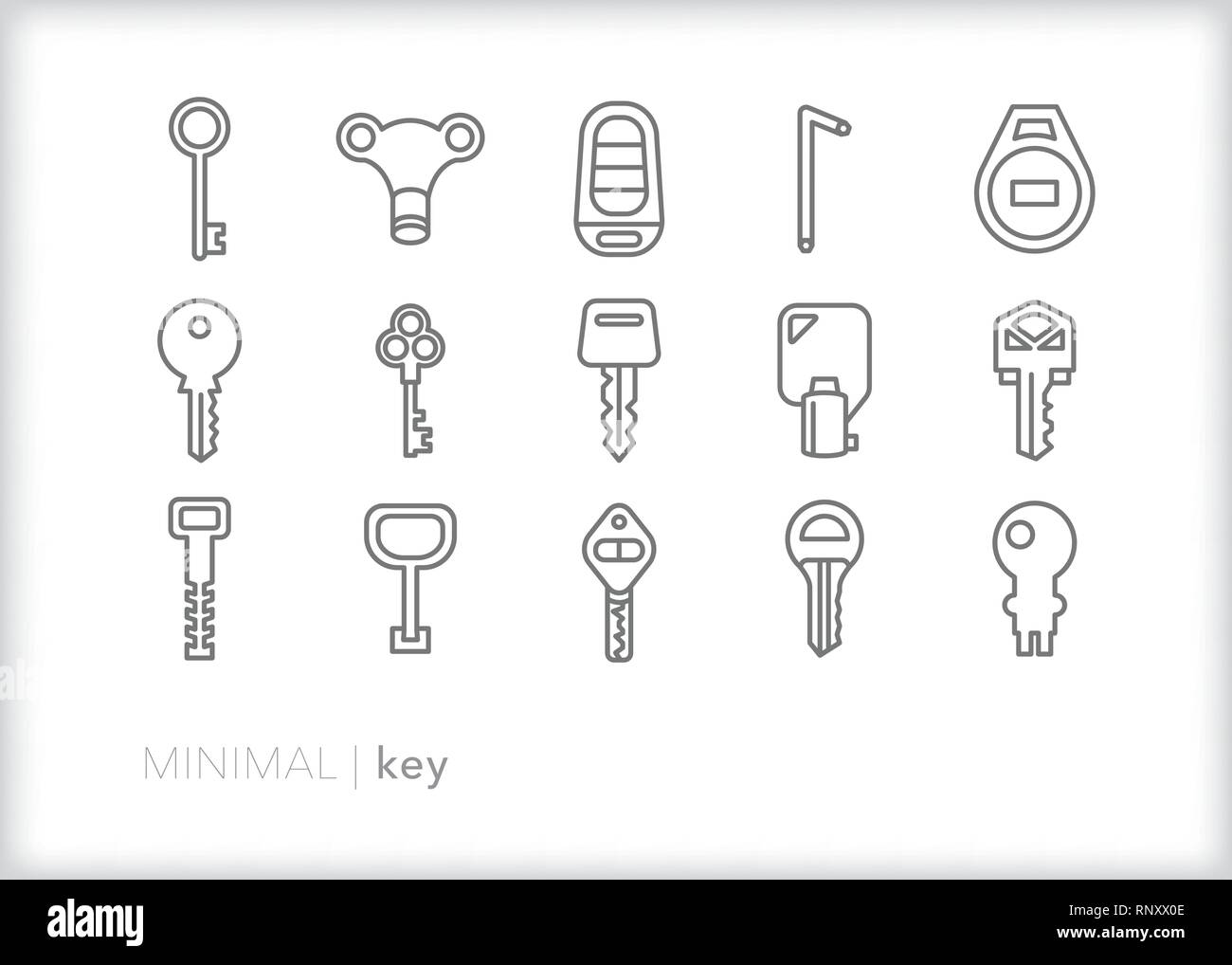 Satz von 15 Schlüssel Zeile für Symbole mit verschiedenen Möglichkeiten, um Objekte, Autos und Häuser Stock Vektor