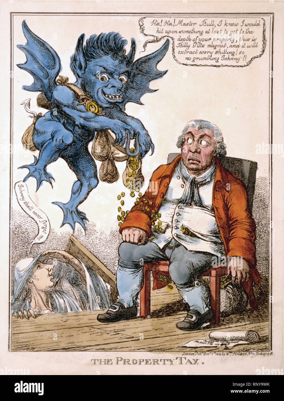 Cartoon zeigt einen wohlhabenden John Bull in einem Stuhl als Blue Demon schwebt über ihm mit Hilfe eines Magneten Münzen aus der Westentasche Bull's zurückzutreten sitzt. Der Geist von William Pitt steigt aus den Dielen sagt 'Johnny mich niemals vergessen." Stockfoto Cartoon zeigt einen wohlhabenden John Bull in einem Stuhl als Blue Demon schwebt über ihm mit Hilfe eines Magneten Münzen aus der Westentasche Bull's zurückzutreten sitzt. Der Geist von William Pitt steigt aus den Dielen sagt 'Johnny mich niemals vergessen." Stockfoto