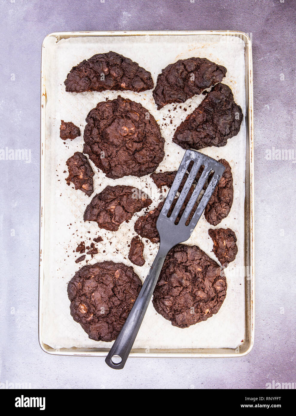 Hausgemachte Schokolade Cookies auf ein Backblech Stockfoto