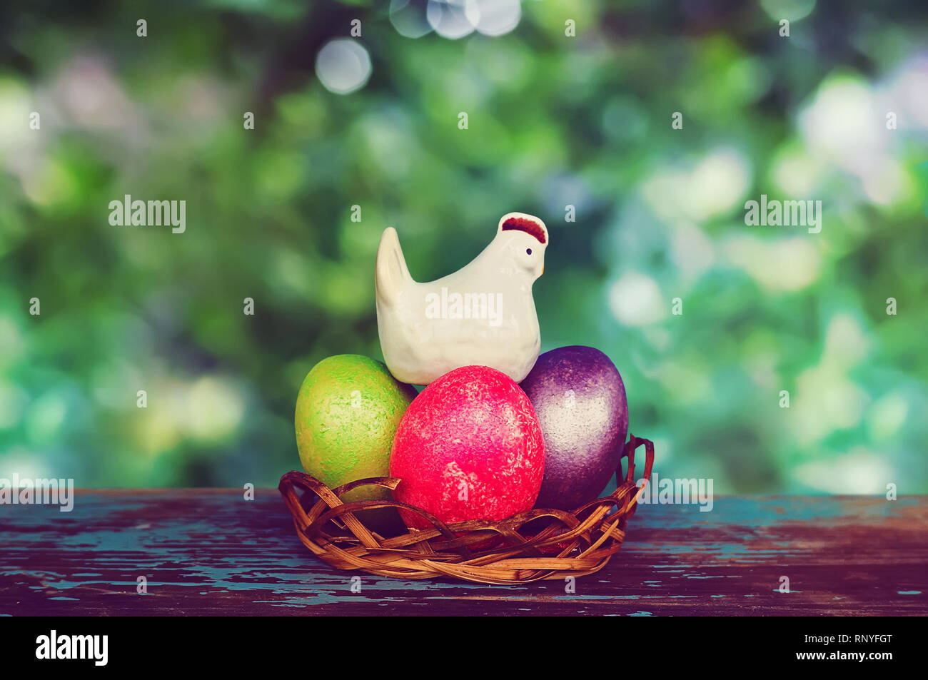 Feier am Ostersonntag. Bunte Ostereier im Korb. Legehennen auf bemalte Eier im Nest auf grünen Garten Hintergrund auf Blue vintage ta Stockfoto