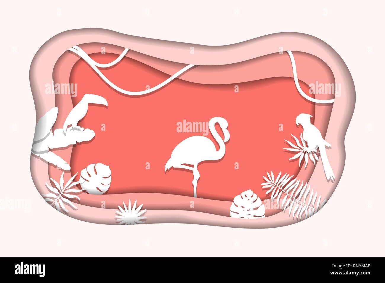 Abbildung in Papier ausgeschnitten Stil. Tropische Vögel und Pflanzen Stockfoto